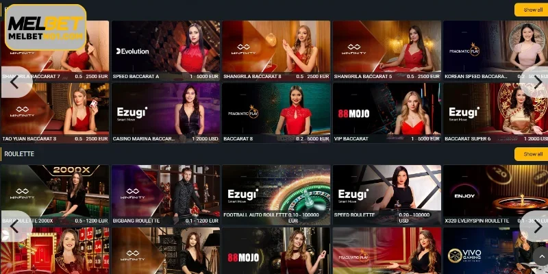 Exciting games available at Melbet Live Casino