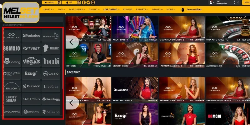 Melbet Live Casino Gaming Lobby